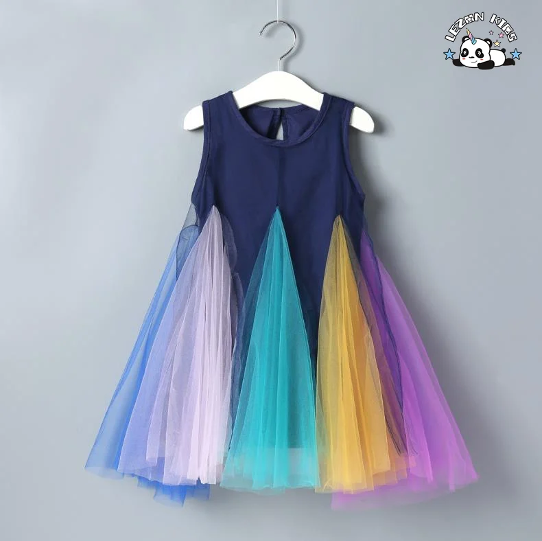 LEZONKIDS - Vestido de arco-íris de verão da nova moda Vestidos casuais Vestidos infantis sem mangas para 2-14 anos